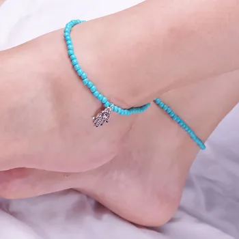 

Simple Blue or White Beads Belt Anklet with Hand Pendant for Women Gift