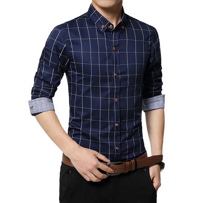 Aisputent 5XL Клетчатая Мужская рубашка с длинным рукавом с отложным воротником, мужская деловая одежда, рубашки в стиле пэчворк camisa masculina - Цвет: Navy