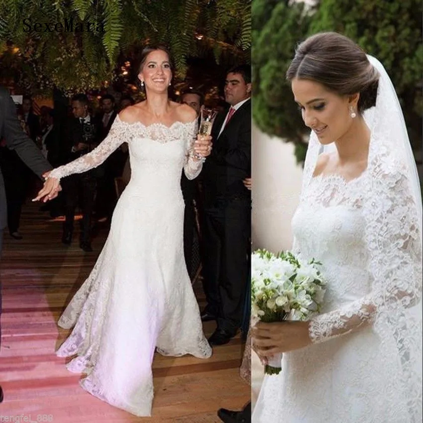

Vestido de noiva White Lace Mermaid Wedding Dresses Long Sleeve Jewel Neckline Sexy Sweep Train Bridal Gown Custom Size