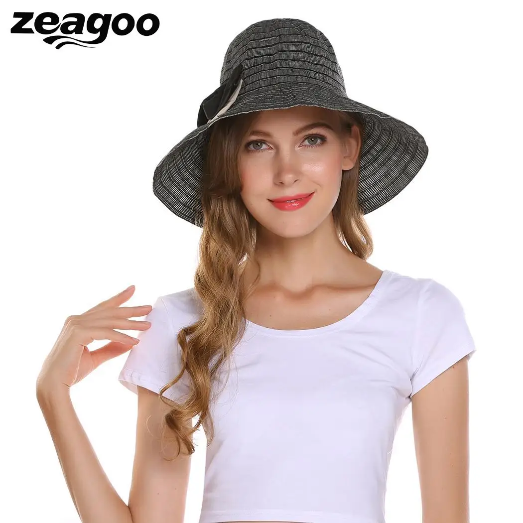 Round Fashion Summer Spring Foldable Stripe Bow Tie Women Wide Sun Hats