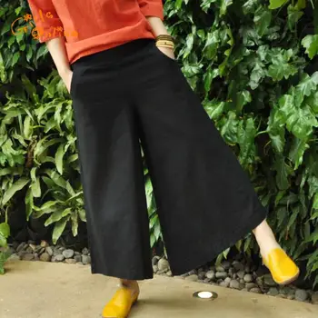 

2020 Spring Summer Original Washing Wide Leg Pants Cotton Flax Elastic Waist England Style Ankle-length Trousers Hip Hop Women