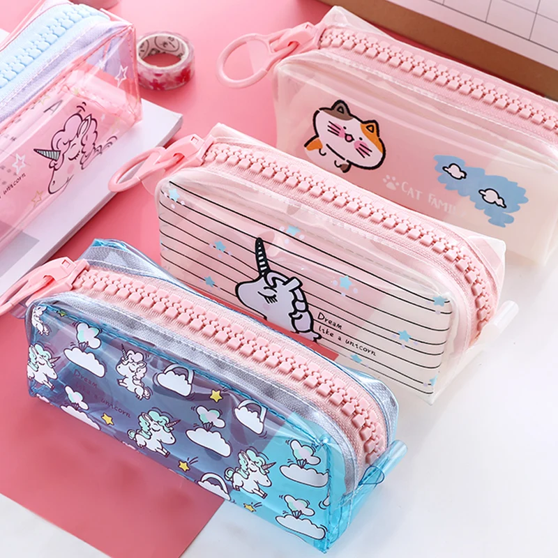

Transparent Large Zipper Pencil Bag Cute Creative Stationery Bag Junior High School Students Large Capacity Girl Pencil Box