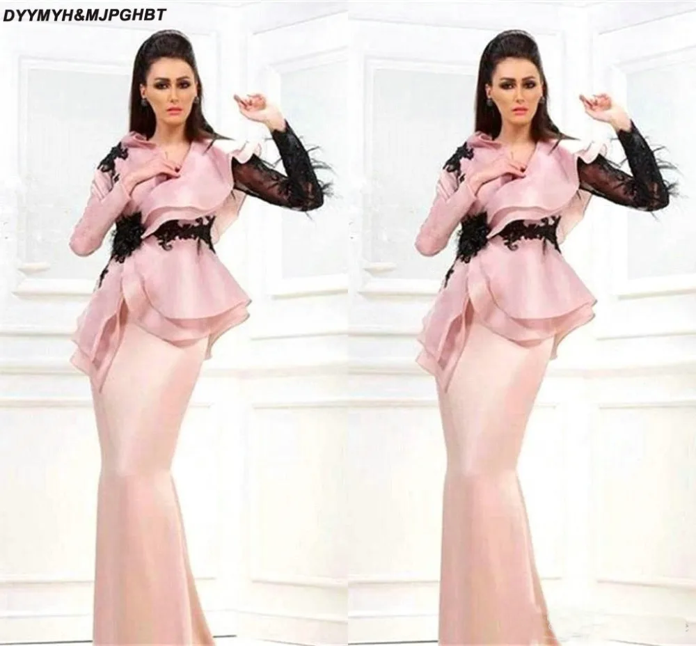 

208 African Traditional Arabia Long Sleeves Evening Dresses Pink Black Lace Zipper Plus Size Prom Gowns Fashion Celebrity Dress