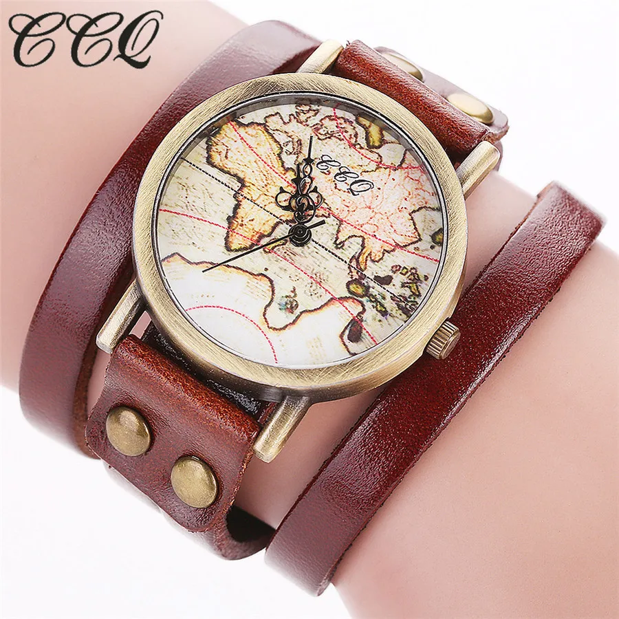 

CCQ Brand Fashion Vintage World Map Watch Women Casual Genuine Leather Bracelet WristWatch Relogio Feminino Drop Shipping C81
