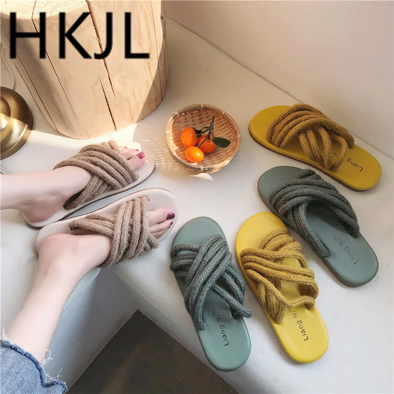 

HKJL Fashion 2019 new summer women's shoes wild Korean version of the retro woven color hemp rope flat female drag A498