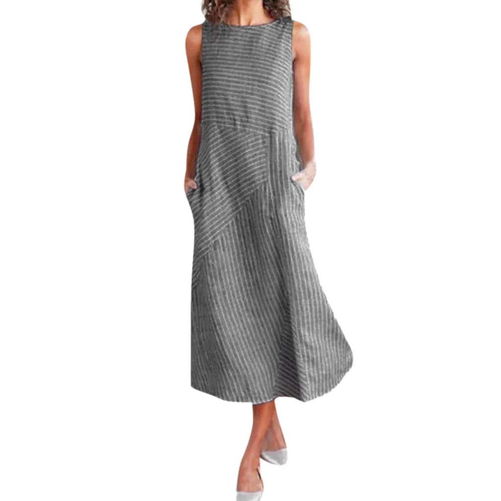 

Girl clothing 2019 Women Casual Striped Sleeveless Dress Crew Neck Linen Pocket Long Dress Elegant Women's Bodycon Sexy new@5