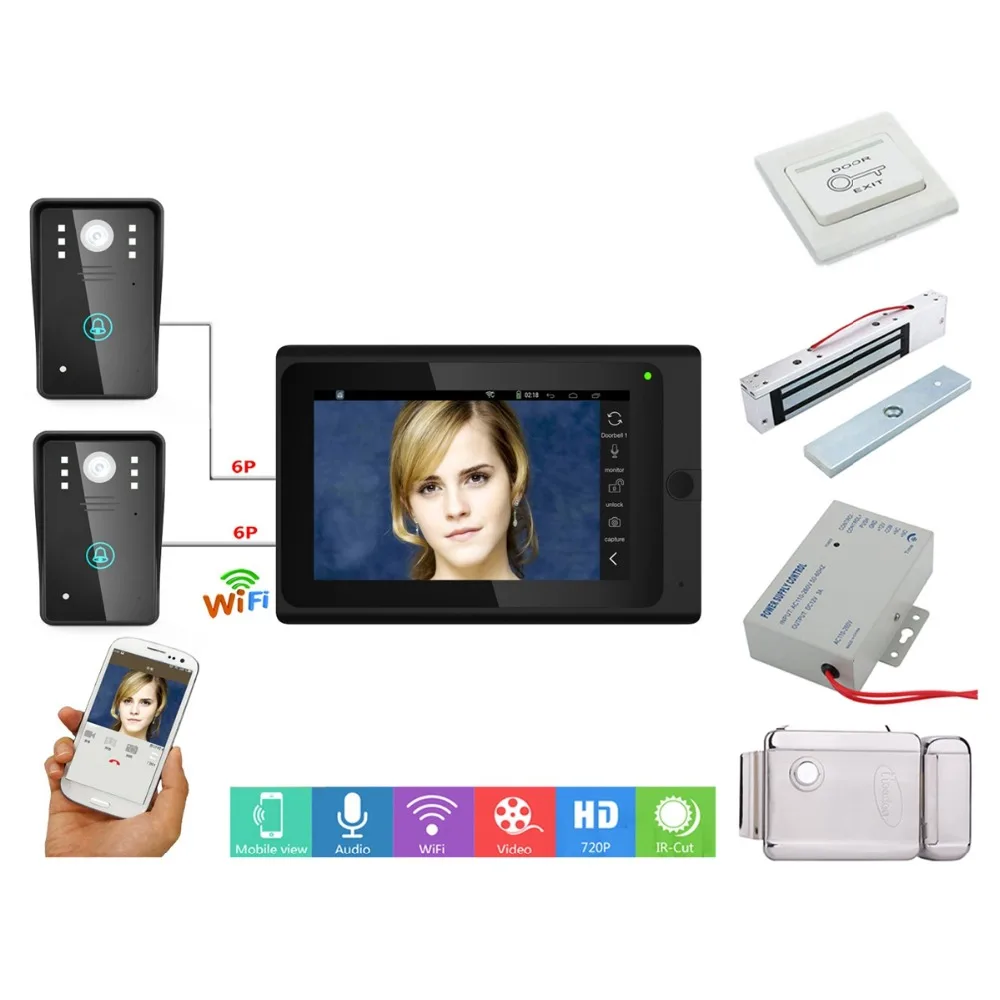 

Home set 2 x Camera 7" Wired / Wireless Wifi IP Video Door Phone Doorbell Intercom System,Support Remote APP+Electric Lock