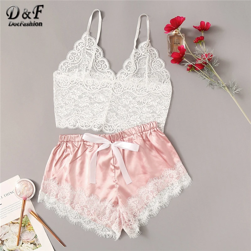 

Dotfashion Floral Lace Cami Top With Satin Shorts Women 2019 Summer Sexy Sets Ladies Wireless Bra And Shortie Underwear Set