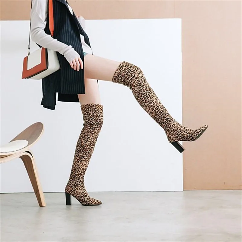 Sexy Leopard Over The Knee Ridding Boots For Women New Fashion Streth Fabric High Heels Autumn Winter Female Concise High Boots (29)