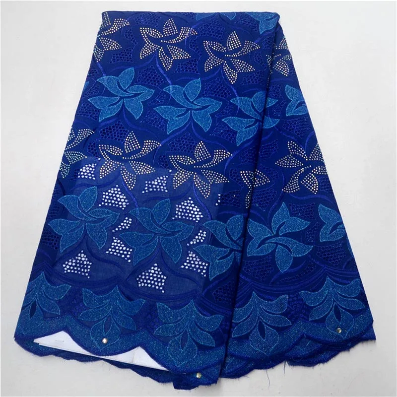 

New arrival african embroidered 100% Swiss cotton lace fabric Royal blue cotton lace fabric for nigerian wedding dress