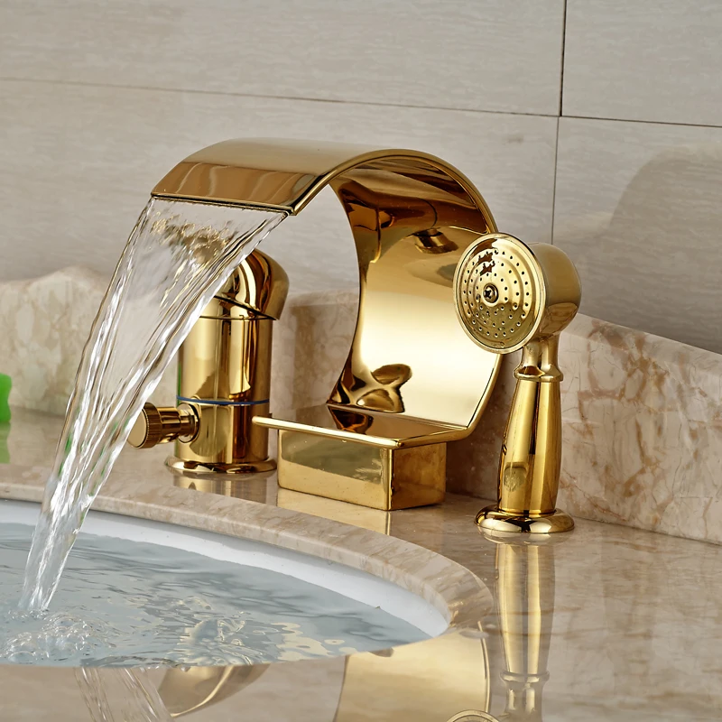 

Luxury Golden Waterfall Bathtub Mixer Faucet Deck Mount Single Handle Tub Tap with Handheld Shower