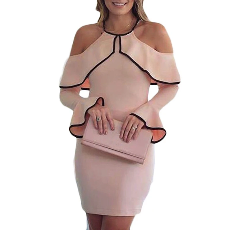 

Ladies Sexy Dress Plus Size Strapless Straps Ruffled Bag Hip Party High Waist Flare Sleeve Pencil Dress