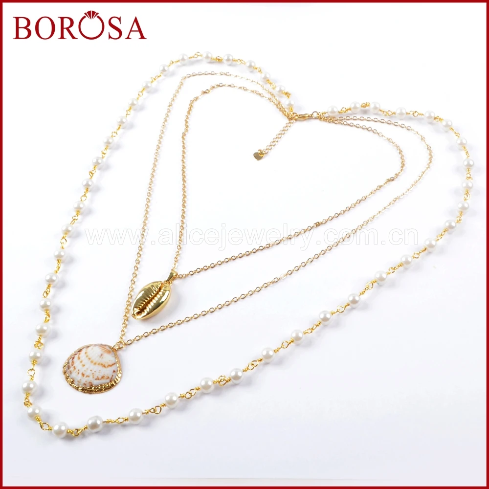 BOROSA 3/4/5PCS Natural Cowrie Shell Scallop With 26inch Pearl Beads Chains Pendant Necklace Jewelry for Women G1636 | Украшения и