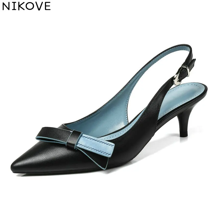 

NIKOVE 2018 Butterfly-knot Cow Leather PU Women Pumps Slingback Shoes Buckle Pointed Toe Thin High Heels Pumps Shoes Size 34-39