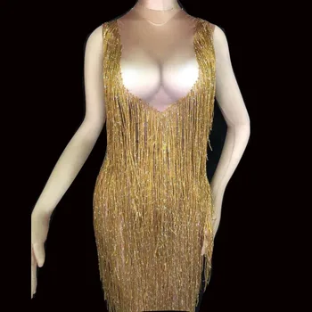 

Gold Sexy Long Dress Women birthday Party Clothing Sparkly Crystals Skinny Dresses Nightclub DJ Bar Female Singer Stage Costume