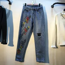 Потертые джинсы женские длинные вымытые брюки-клеш с вышивкой рваные с высокой талией молния летают хлопок обычные повседневные Прямые