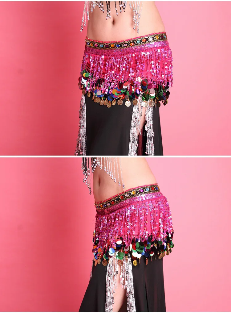 Для женщин Танец живота Костюм с бахромой хип шарф пояс цепи Блёстки Обёрточная бумага юбка шаль 8 цветов