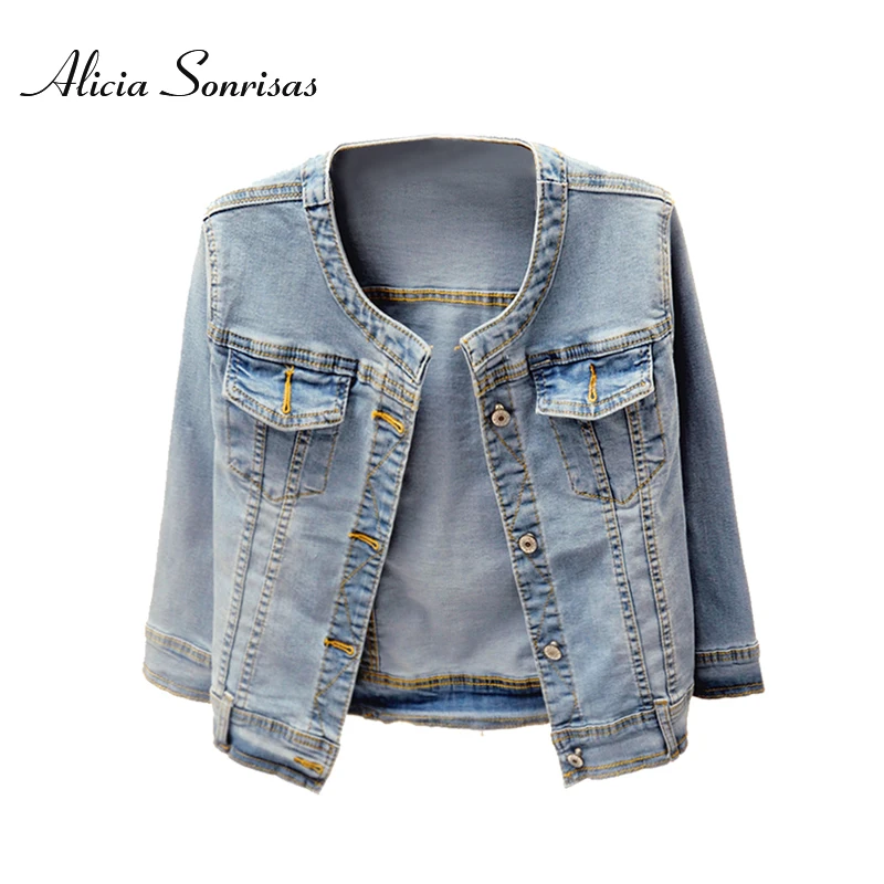 2018 New Denim Jacket Spring Autumn Short O Neck Casual Three Quarter Sleeve Light Blue Jeans For Women Plus Size S To 5XL