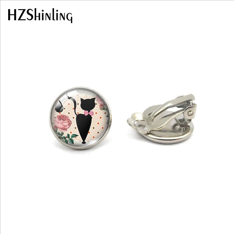 Маленькая кошка под зонтиком стеклянные кабошоны клип серьги прекрасный котенок и цветы серьги для женщин девушки подарок ювелирные изделия - Окраска металла: 6-Silver