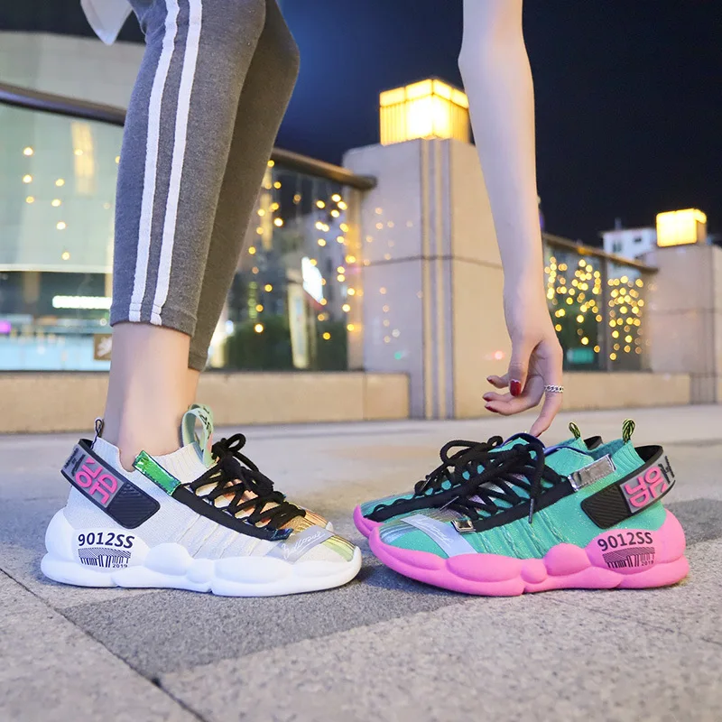 

2019 Spring New Mixed Color Breathable Stretch Elastic Socks Shoes Muffin Bottom Casual Fashion Lace-up women Vulcanized shoes