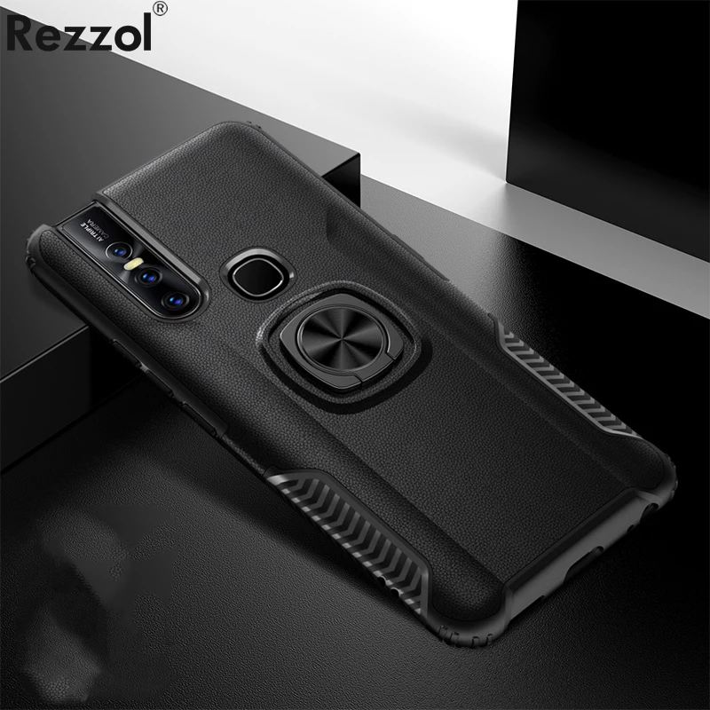 For VIVO V15 Pro Case Skin Texture Metal Ring Silicone Car Stand Back Cover for VIVO V15 Case Armor Hard PC Fundas Car Holder