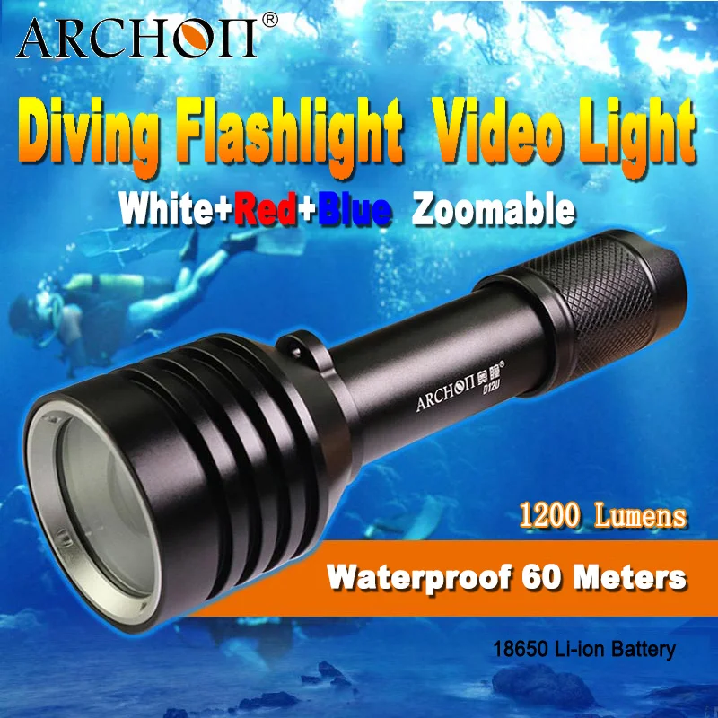 

ARCHON D12U Diving Flashlight 100M Zoomable White Red Blue light CREE LED 1200 Lumens