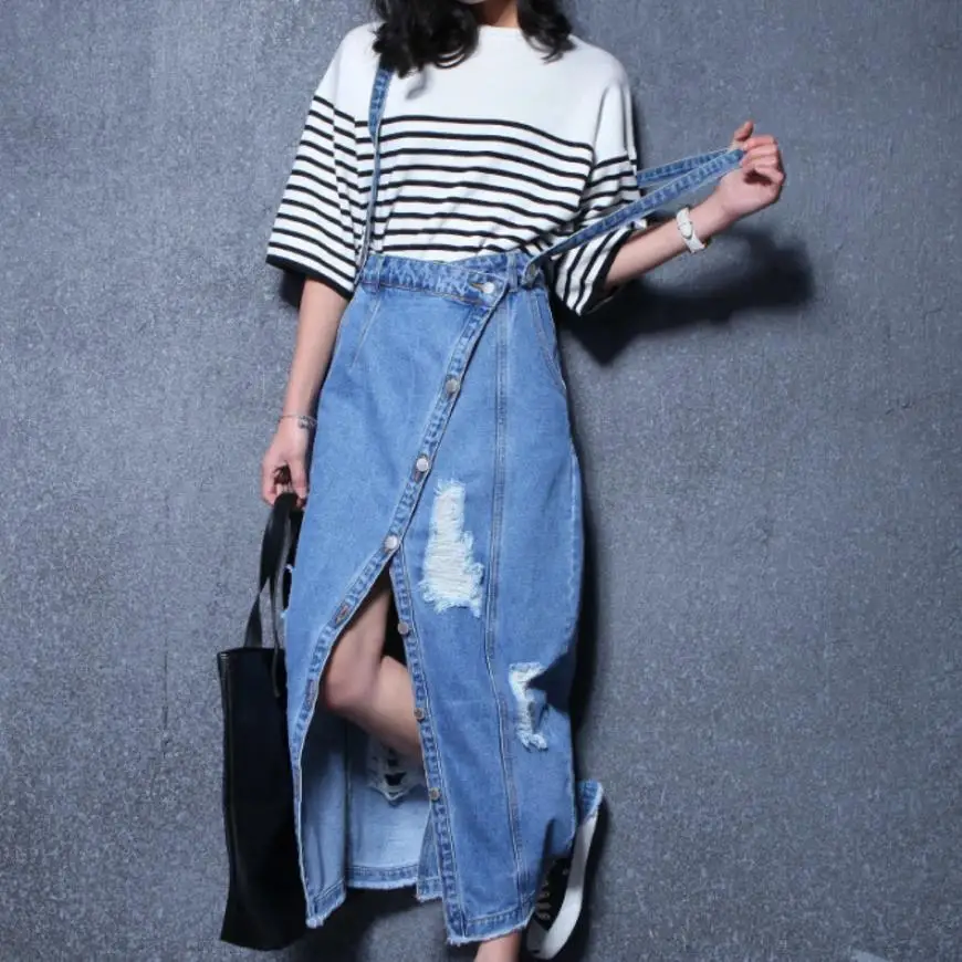 

2018 summer fashion Irregular high waist hole denim strap skirt split a-line jeans skirt plus size 2XL