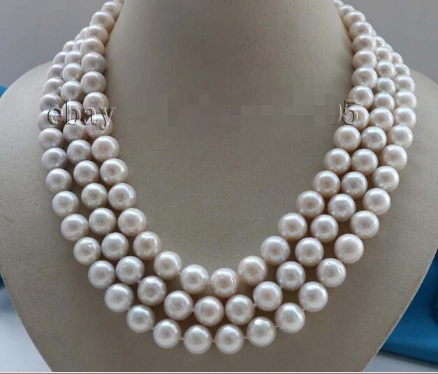 

3rows Natural 11mm White (little gray) Round Pearl Necklace 925silver #f2383 AAA