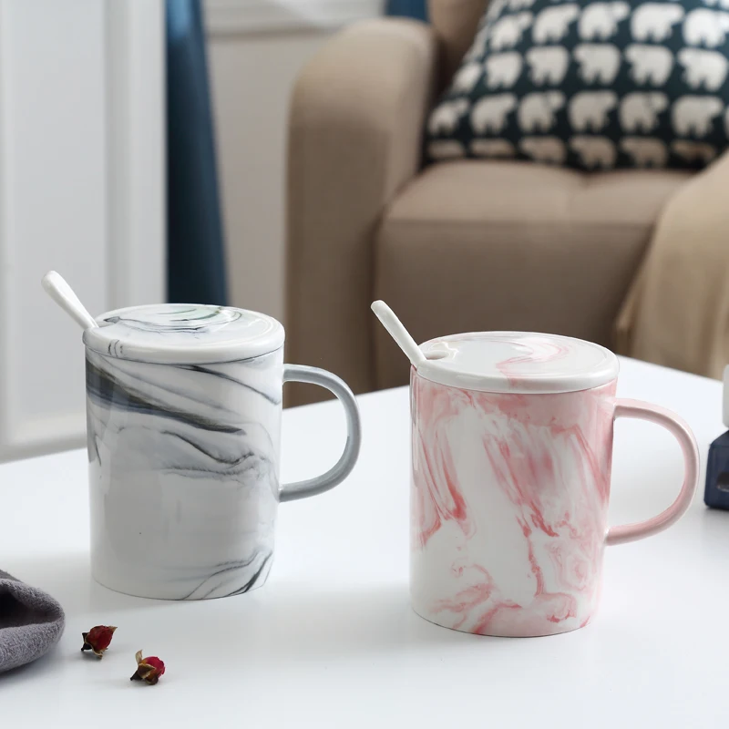

Europe Ceramic coffee cup Marble Water cup Ceramic cover with spoon Heat-resistan Handgrip Milk cup mugs Cup for lovers
