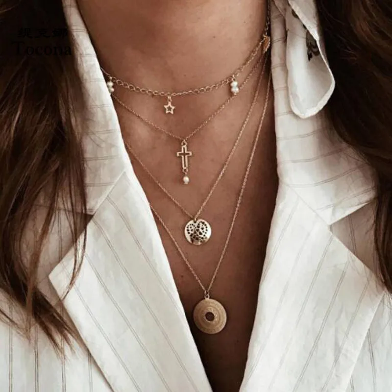 

Tocona Bohemia Gold Color Necklace Hollow Round Cross Exquisite Star Bead Wing Pendant Chain Choker for Women Jewelry Gift 8067