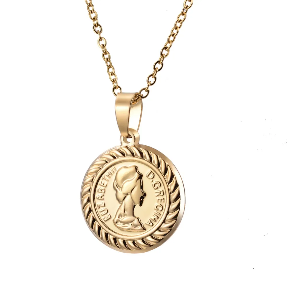 

Annayoyo Trendy Women Coin Small Gold color Pendant Necklace Necklace Queen Elizabeth Stainless Steel Round Charm Necklace