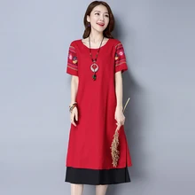 Summer New Women’s National Wind Casual Short sleeves Cotton Linen Dress fashion Loose Plus Size Dresses Simple Apparel 2L04