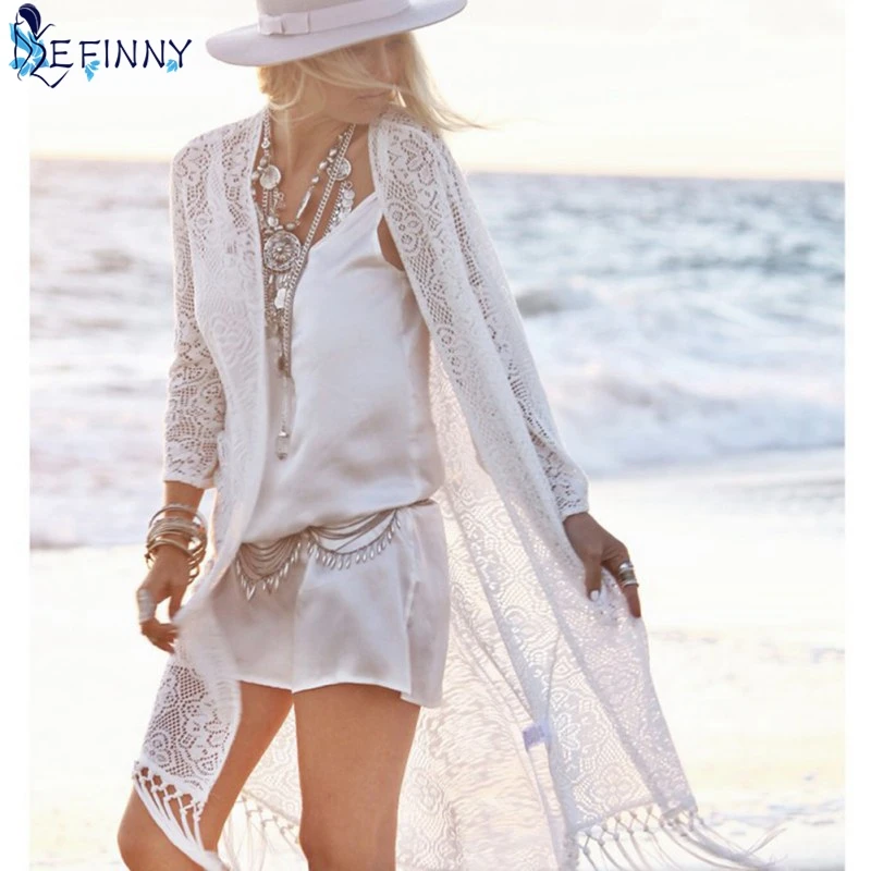 

EFINNY boho Women blouse shirt Fringe Lace kimono cardigan White Tassels Beach Cover Up Cape Tops Blouses damen bluze