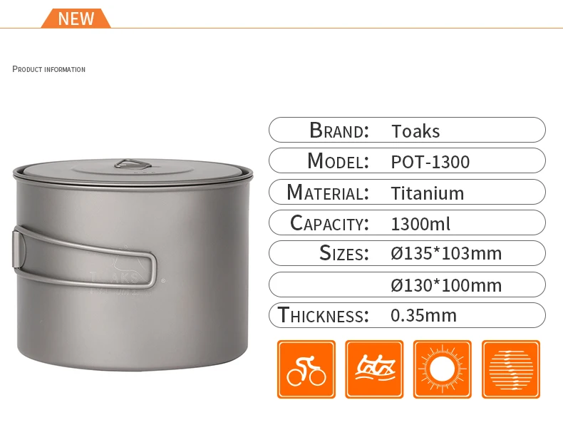 TOAKS 1.3L горшок Сверхлегкий Открытый Кемпинг Титан кастрюля для приготовления пищи Titamium набор посуды