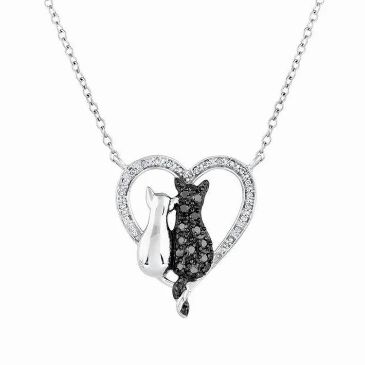 

3 style Fashion Black White heart crystal Lovely Cat Animal Pendant Necklace for women Best Valentine's Day cat lover's Gift