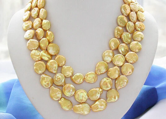 

FREE SHIPPING>@@> N1968 3row 14mm golden coin freshwater pearl necklace shell