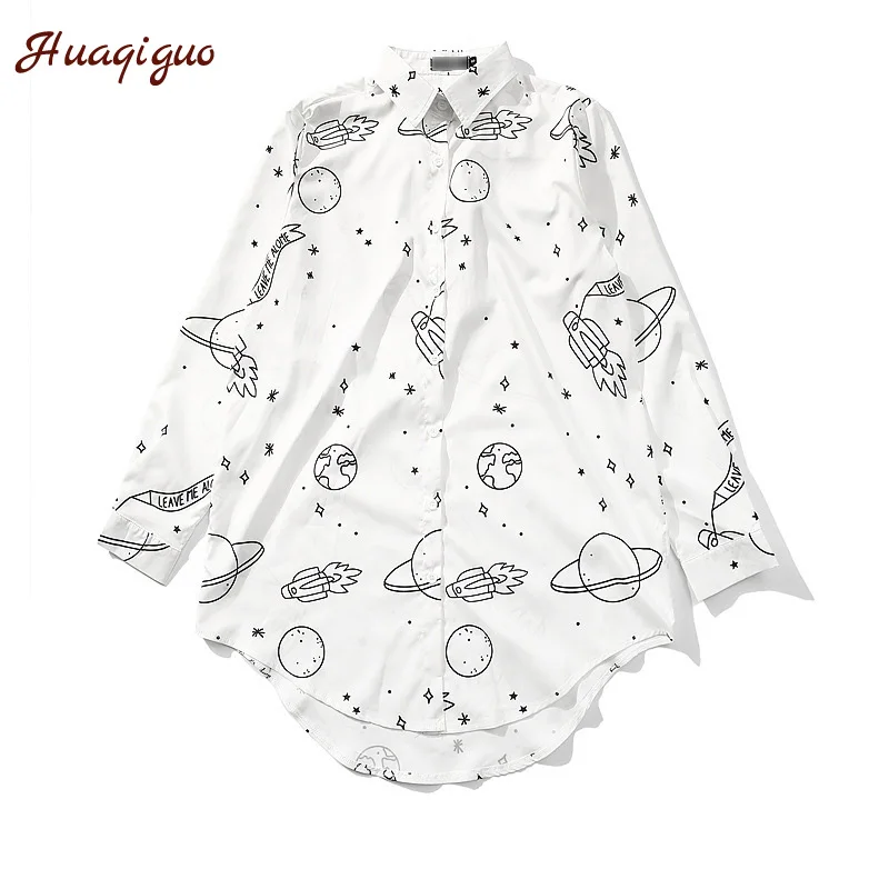 

High Quality Blouses Women Kawaii Long Shirts Autumn New Long Sleeve Blusa Loose Harajuku Casual White Funny Cartoon Print Tops