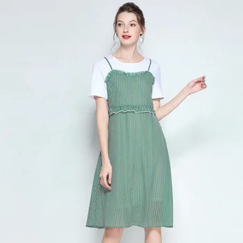 

Women summer chiffon dress short Sleeve fake two midi Dress plus size elegant stripe dress contrast color faux two vestidos 5XL
