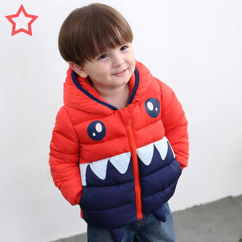Детская Хлопковая одежда на пуху г., новая осенне-зимняя теплая куртка с капюшоном и рисунком динозавра модное пальто для мальчиков и девочек от 2 до 6 лет