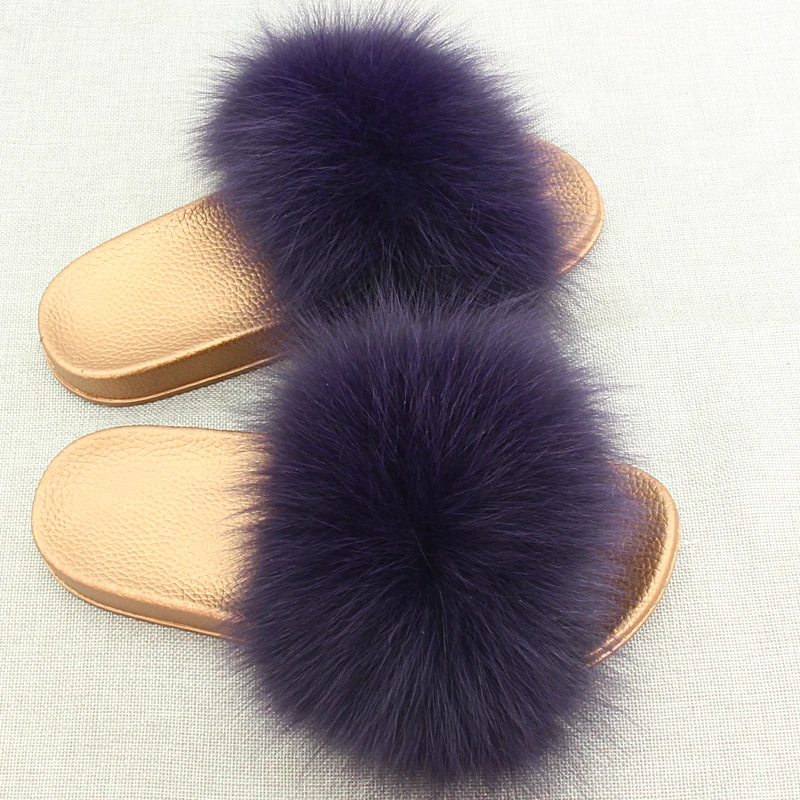 JKP Winter Warm Women Fur Slippers Fashion Real Fox Fur Beach Sandal Parent-child Shoes Fluffy Comfy Furry Flip Flops 