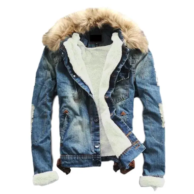 Idopy Новая мужская зимняя теплая рваная джинсовая куртка с флисовой подкладкой, толстые теплые потертые джинсовые куртки и пальто с меховым воротником