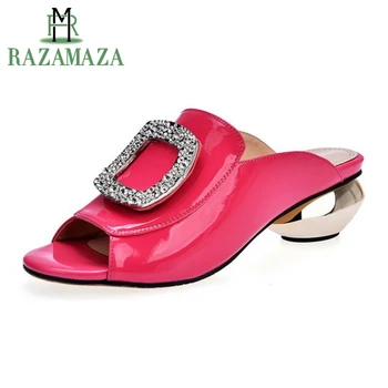 

ZALAVOR Women High Heel Sandals Slip On Open Toe Strange Heel Crystal Real Leather Ladies Sandals For Party Footwear Size 33-42