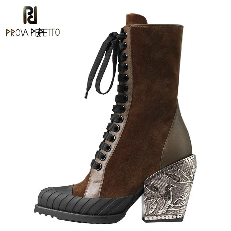

Prova Perfetto 2019 Chic Design Ankle Boots Women Pointed Toe Suede Real Leather Patchwork Carved Flower High Heel Boots Woman