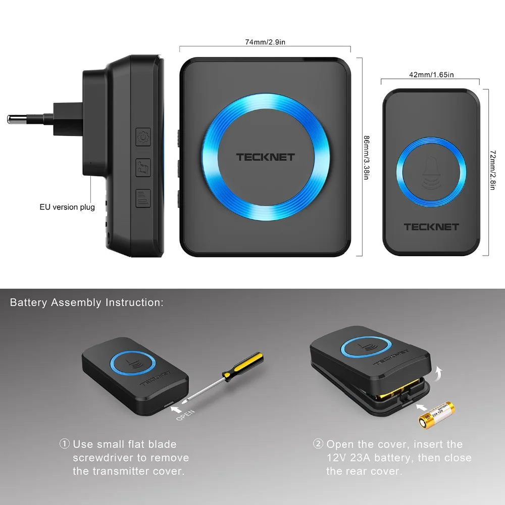TeckNet Wireless Doorbells Twin Waterproof Wall Plug-in Cordless Door Bell Chime 300M Range 52 Chimes 4-Level Volume Blue Light TeckNet Wireless Doorbells Twin Waterproof Wall Plug-in Cordless Door Bell Chime 300M Range 52 Chimes 4-Level Volume Blue Light