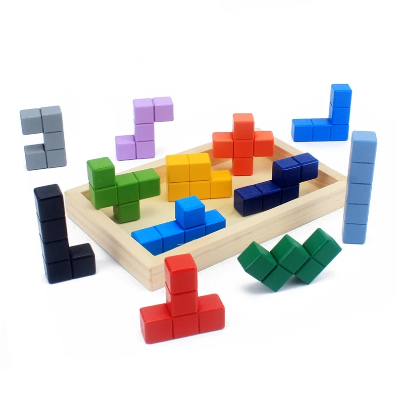 

Kids Toys Wooden Tangram/Jigsaw Board Puzzle 12Pcs Brain Teaser Puzzle Colorful 5 Cubes/Pc Tetris Game Educational Baby T-puzzle