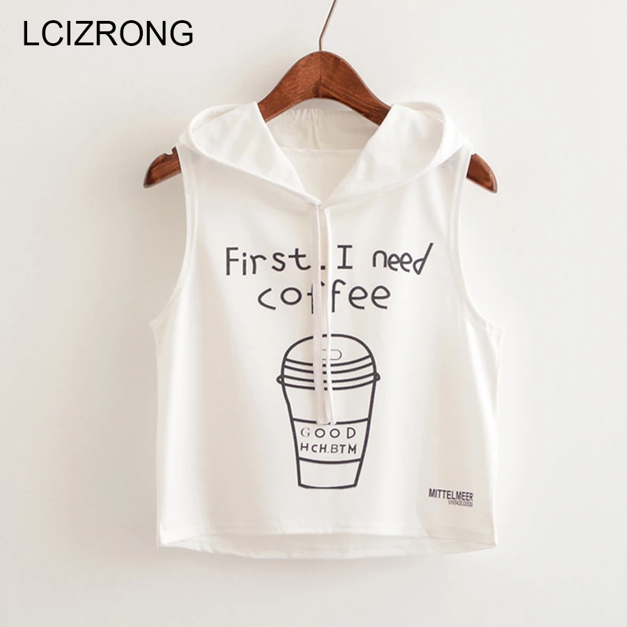 

Summer Fashion Sleeveless Short Hoodies Women European Style Coffee Letter Print Streetwear Pullovers Harajuku Girl Tanks Tee