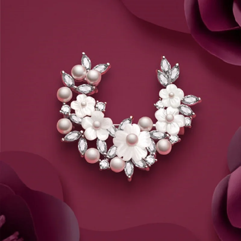 

New Arrival Pearl Brooches for Women Crystal From Swarovski White Flowers Sweater Suit Coat Brooches Fashion Jewelry Accessories