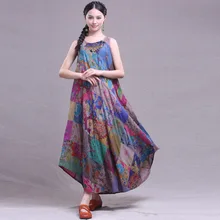 2016 new national Women summer Splicing Tank dress cotton patchwork dyeing loose sleeveless vest dress ankle-length Casual maxi