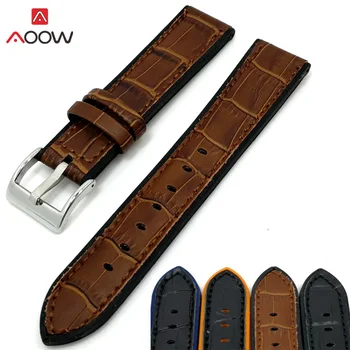 

AOOW Leather Watchband Strap Cow Leather Silicone 20mm 22mm Silver Metal Buckle Women Men Watch Accessories 2018 New Design