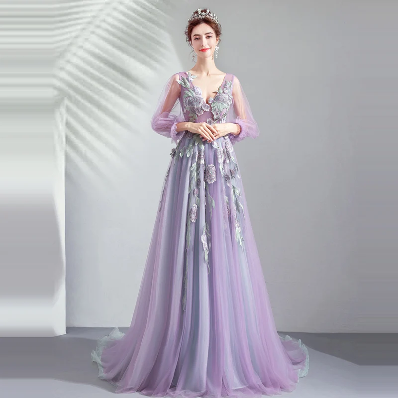 Это YiiYa Выпускные платья фиолетового цвета с v-образным вырезом и длинными рукавами длиной до пола, вечерние платья на заказ больших размеров, платья для выпускного вечера E247